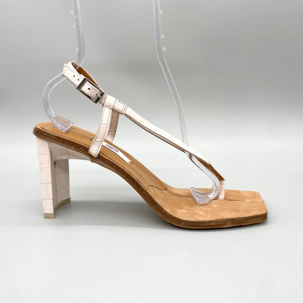 Miista London Womens 40 9.5 Ailsa Split Toe Sandals Pink Croc Leather Thong Heel